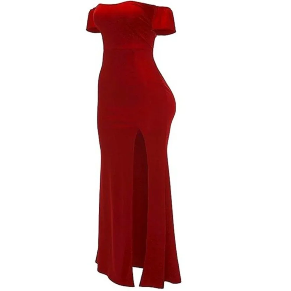 Women's Off Shoulder Side Split Short Sleeve Elegant Skirt Bodycon Maxi Evening - Picture 2 of 4